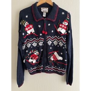 Vintage Heirloom Collectibles Sweater Blue Skiing Snowmen Zip Up Christmas Sz  L